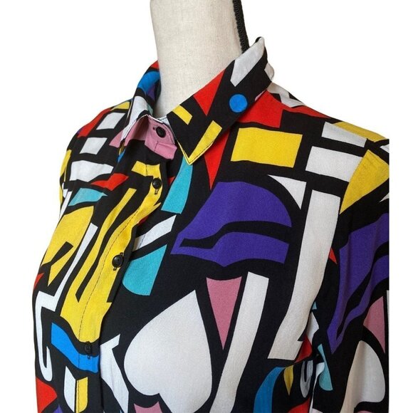 Abstract  printed color block colorful oversized button up shirt women Small/Med - Picture 5 of 16